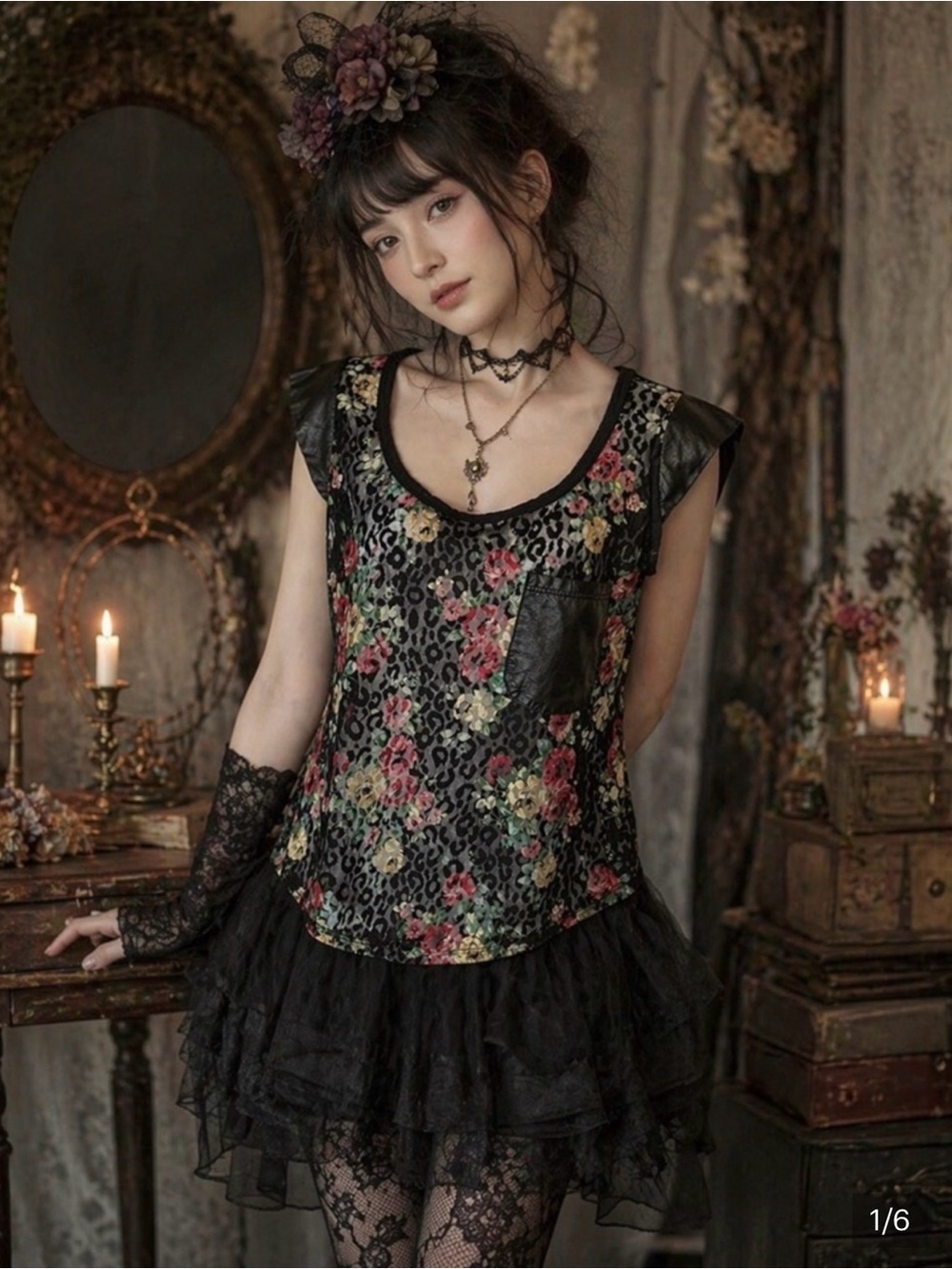 Y2K Black Sheer Whimsigoth Floral Lace Top Faux Leather Pocket Medium